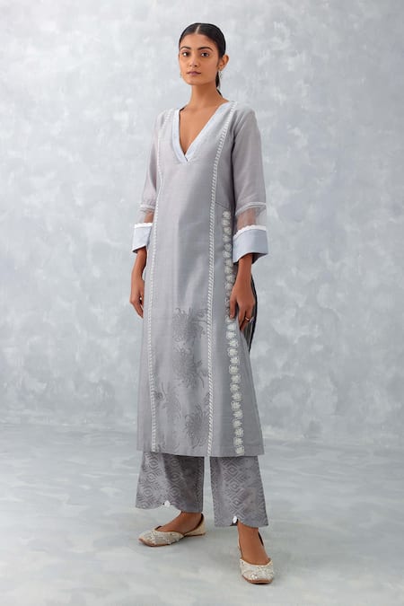 Buy_Devnaagri_Grey , Chanderi, Organza Embroidery Floral Block Print Kurta Pant Set _Online_at_Aza_Fashions