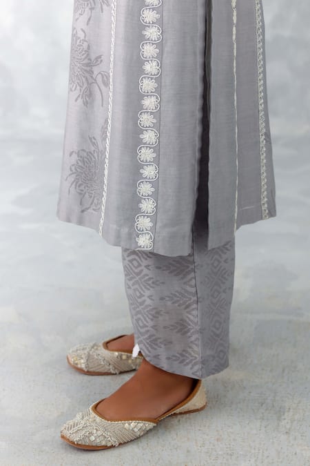 Devnaagri_Grey , Chanderi, Organza Embroidery Floral Block Print Kurta Pant Set _at_Aza_Fashions