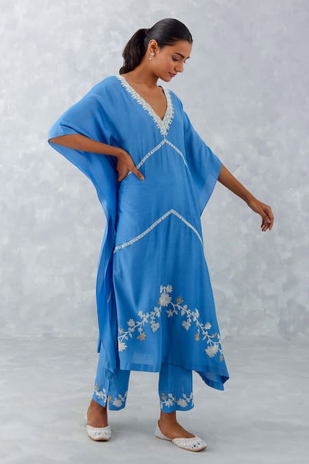 Buy_Devnaagri_Blue Muslin Embroidery V-neck Floral Kaftan And Pant Set _Online_at_Aza_Fashions