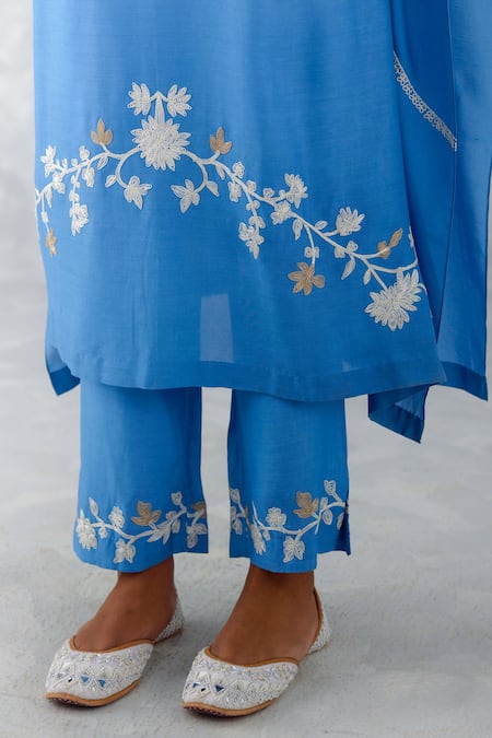 Shop_Devnaagri_Blue Muslin Embroidery V-neck Floral Kaftan And Pant Set _Online_at_Aza_Fashions