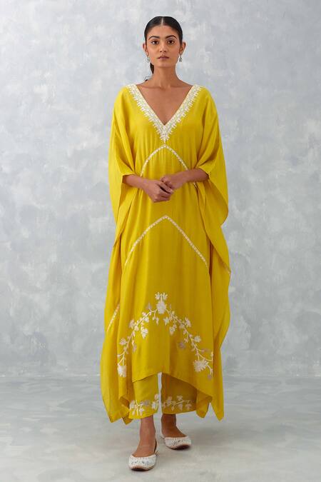 Devnaagri_Yellow Muslin Embroidery V-neck Flower Kaftan And Pant Set _Online_at_Aza_Fashions