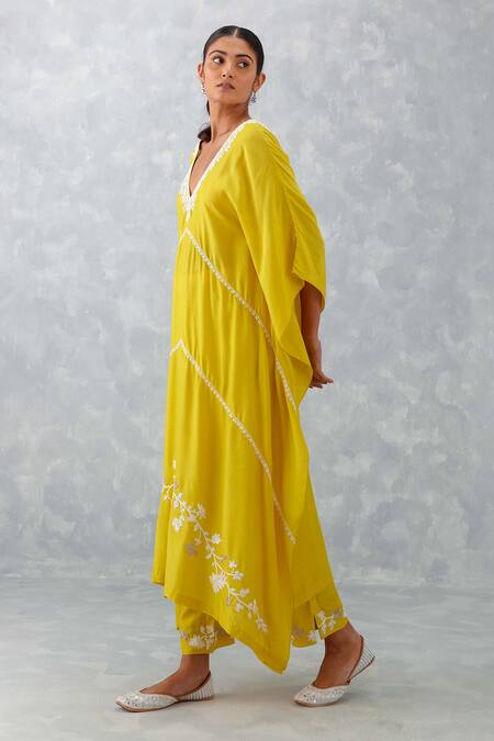 Buy_Devnaagri_Yellow Muslin Embroidery V-neck Flower Kaftan And Pant Set _Online_at_Aza_Fashions