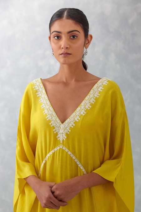 Devnaagri_Yellow Muslin Embroidery V-neck Flower Kaftan And Pant Set _at_Aza_Fashions