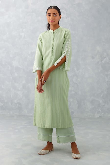 Devnaagri Green Cotton, Organza, Embroidery, Cut Thread Pintucked Kurta Set Online at Aza Fashions Devnaagri_Green Cotton, Organza, Embroidery, Cut Thread Pintucked Kurta Set _Online_at_Aza_Fashions