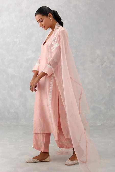 Devnaagri_Pink Chanderi And Organza Embroidered Dori Floral Block Print Kurta Set _Online_at_Aza_Fashions