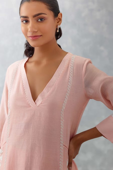 Devnaagri_Pink Chanderi And Organza Embroidered Dori Floral Block Print Kurta Set _at_Aza_Fashions