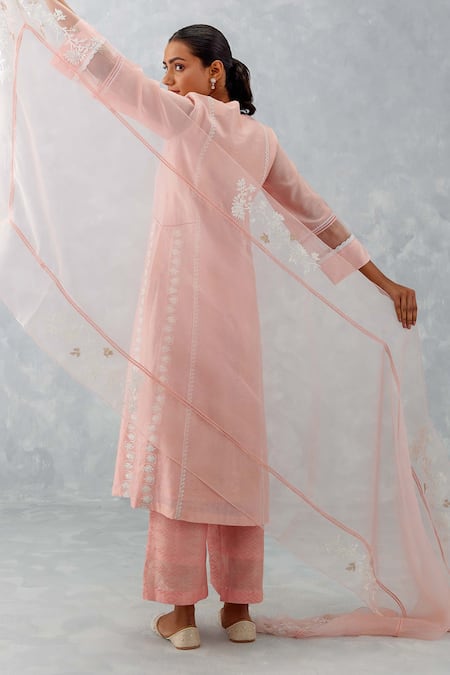 Buy_Devnaagri_Pink Chanderi And Organza Embroidered Dori Floral Block Print Kurta Set 