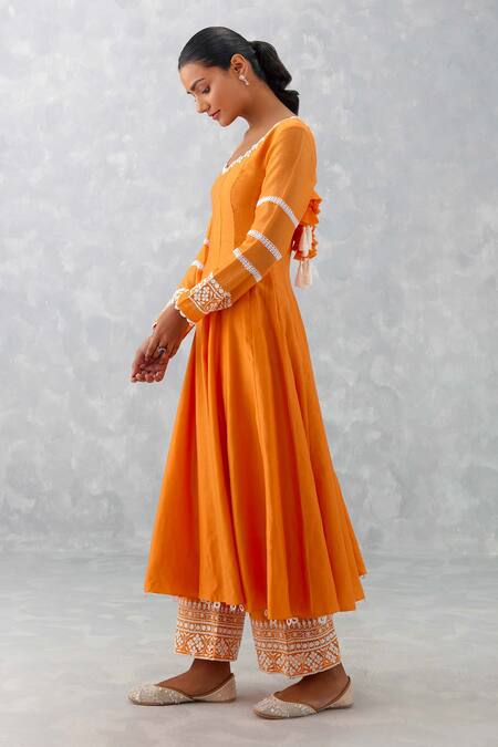 Devnaagri_Orange Organza, Satin, , Chanderi Embroidery Anarkali Palazzo Set _Online_at_Aza_Fashions