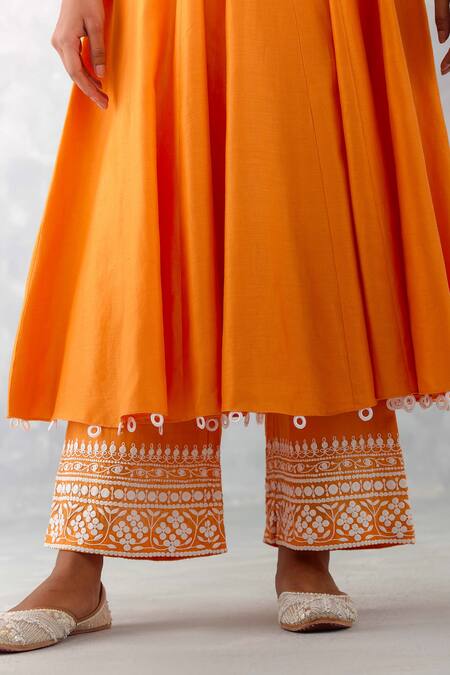 Buy_Devnaagri_Orange Organza, Satin, , Chanderi Embroidery Anarkali Palazzo Set _Online_at_Aza_Fashions