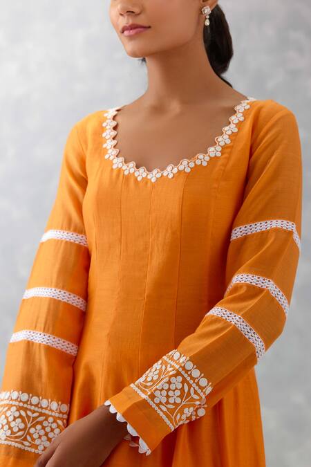 Shop_Devnaagri_Orange Organza, Satin, , Chanderi Embroidery Anarkali Palazzo Set _Online_at_Aza_Fashions