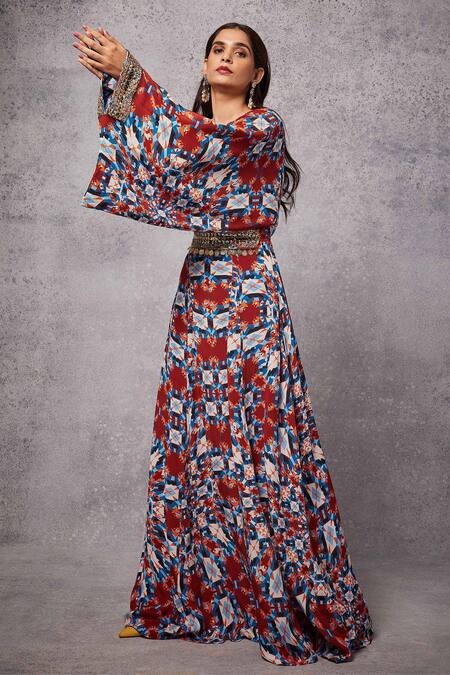 Senren By Eshana Raut_Maroon Crepe Sequins Asymmetric Abstract Illusion Print Kaftan With Belt _Online_at_Aza_Fashions