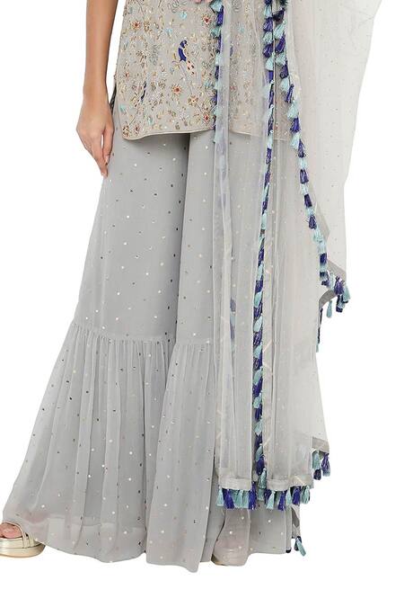 Payal Singhal_Grey Net, Georgette Mukaish Round Masoon Embroidered Sharara Set _at_Aza_Fashions