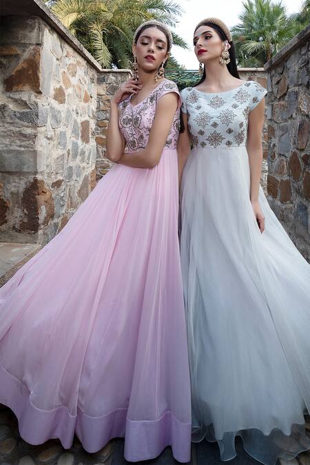 Keerthi Kadire Pink Georgette V Neck Embroidered Gown Online at Aza Fashions Keerthi Kadire_Pink Georgette V Neck Embroidered Gown _Online_at_Aza_Fashions