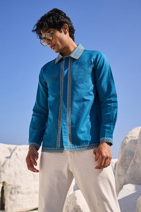 Dash and Dot_Blue 100% Organic Cotton Embroidery Cross Stitch Placket Shirt _at_Aza_Fashions