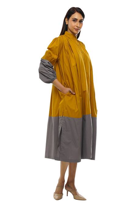 Buy_Khat_Yellow Poplin, Cotton Mandarin Collar Color Block Dress And Pant Co-ord Set 