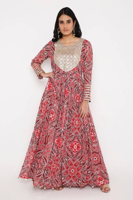 Bha Sha_Red Georgette, Net Gota Patti Round Floral Bloom Print Anarkali With Dupatta _Online_at_Aza_Fashions
