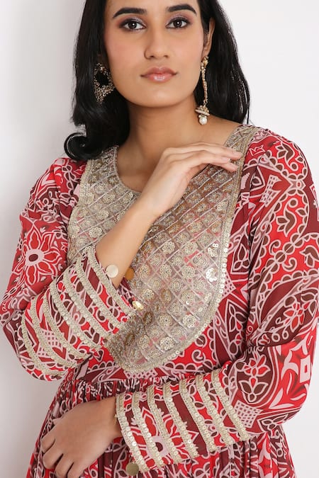 Buy_Bha Sha_Red Georgette, Net Gota Patti Round Floral Bloom Print Anarkali With Dupatta _Online_at_Aza_Fashions