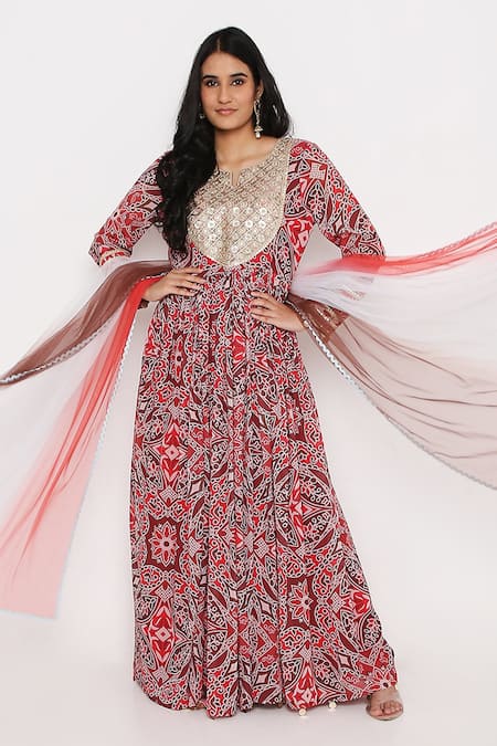 Shop_Bha Sha_Red Georgette, Net Gota Patti Round Floral Bloom Print Anarkali With Dupatta _Online_at_Aza_Fashions