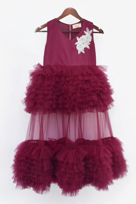 Fayon Kids Wine Net Embroidery Layered Gown Online at Aza Fashions Fayon Kids_Wine Net Embroidery Layered Gown _Online_at_Aza_Fashions