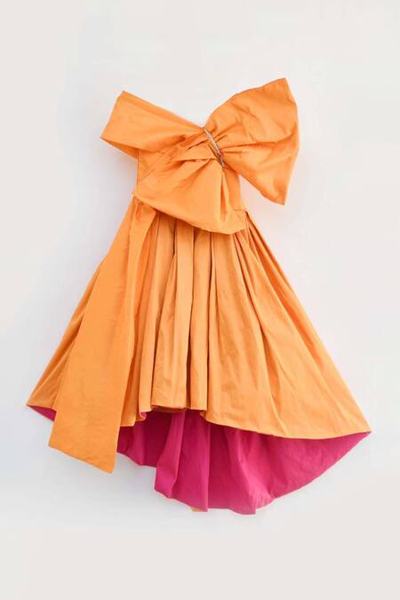 Fayon Kids Orange Taffeta Bows Off Shoulder Asymmetric Dress Online at Aza Fashions Fayon Kids_Orange Taffeta Bows Off Shoulder Asymmetric Dress _Online_at_Aza_Fashions