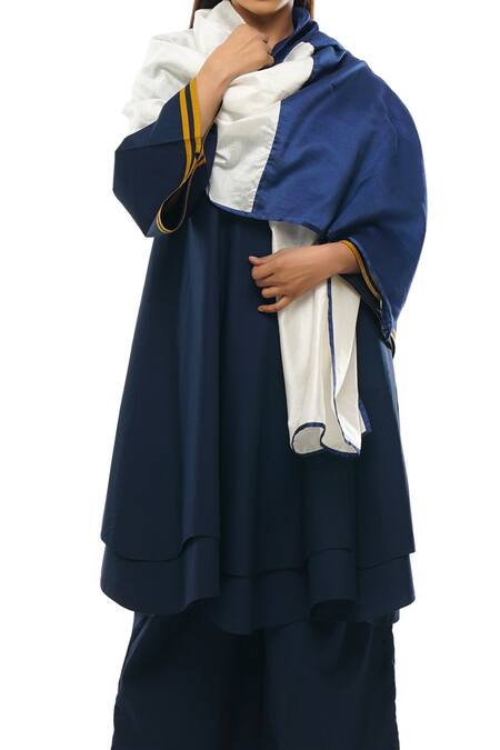 Khat_Blue Cotton, Poplin Square Neck Double Layered Dress Pant Set _at_Aza_Fashions