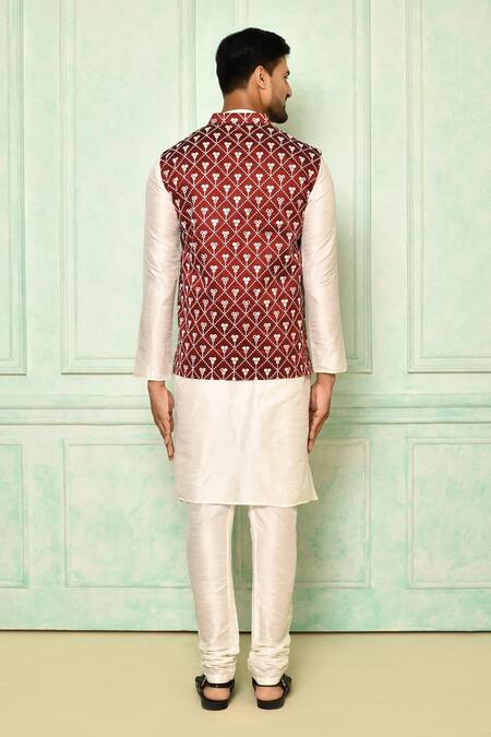 Shop Arihant Rai Sinha Maroon Cotton Embroidery Floral Bundi at Aza Fashions Shop_Arihant Rai Sinha_Maroon Cotton Embroidery Floral Bundi_at_Aza_Fashions