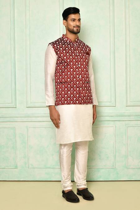 Arihant Rai Sinha Maroon Cotton Embroidery Floral Bundi Online at Aza Fashions Arihant Rai Sinha_Maroon Cotton Embroidery Floral Bundi_Online_at_Aza_Fashions