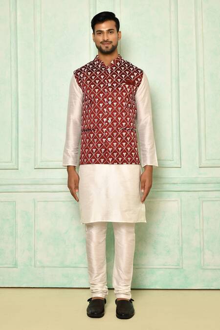 Shop Arihant Rai Sinha Maroon Cotton Embroidery Floral Bundi Online at Aza Fashions Shop_Arihant Rai Sinha_Maroon Cotton Embroidery Floral Bundi_Online_at_Aza_Fashions