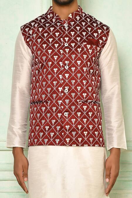 Arihant Rai Sinha_Maroon Cotton Embroidery Floral Bundi_at_Aza_Fashions