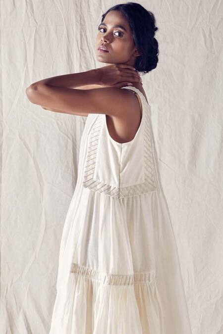 EK Katha_White Silk, , Chanderi, Handloom Square Neck Pleated Gown_Online_at_Aza_Fashions