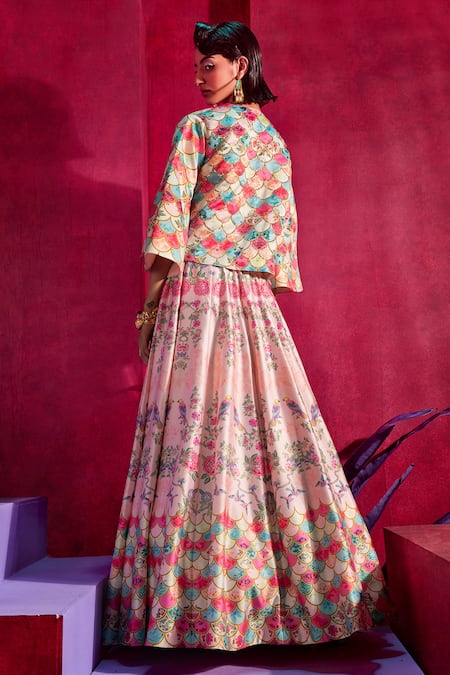 Shop Limerick By Abirr N' Nanki Pink Floral Print And Sequin V Neck Kate Jacket & Skirt Set at Aza Fashions Shop_Limerick By Abirr N' Nanki_Pink Floral Print And Sequin V Neck Kate Jacket & Skirt Set_at_Aza_Fashions