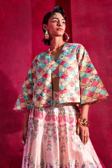 Limerick By Abirr N' Nanki Pink Floral Print And Sequin V Neck Kate Jacket & Skirt Set Online at Aza Fashions Limerick By Abirr N' Nanki_Pink Floral Print And Sequin V Neck Kate Jacket & Skirt Set_Online_at_Aza_Fashions