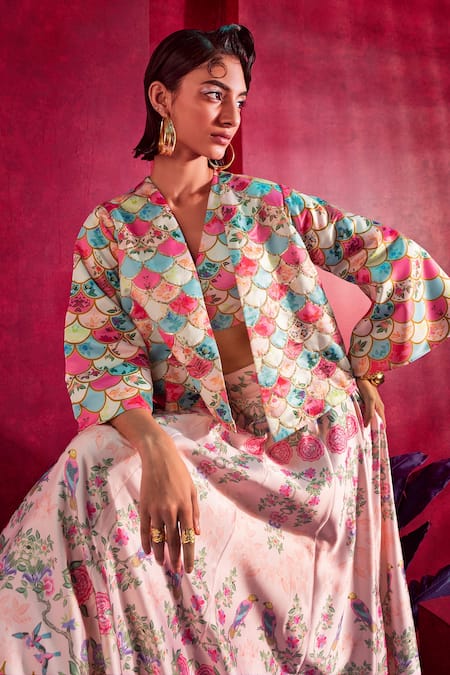Buy Limerick By Abirr N' Nanki Pink Floral Print And Sequin V Neck Kate Jacket & Skirt Set Online at Aza Fashions Buy_Limerick By Abirr N' Nanki_Pink Floral Print And Sequin V Neck Kate Jacket & Skirt Set_Online_at_Aza_Fashions