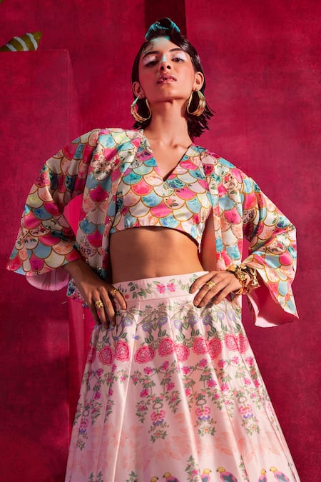 Shop Limerick By Abirr N' Nanki Pink Floral Print And Sequin V Neck Kate Jacket & Skirt Set Online at Aza Fashions Shop_Limerick By Abirr N' Nanki_Pink Floral Print And Sequin V Neck Kate Jacket & Skirt Set_Online_at_Aza_Fashions