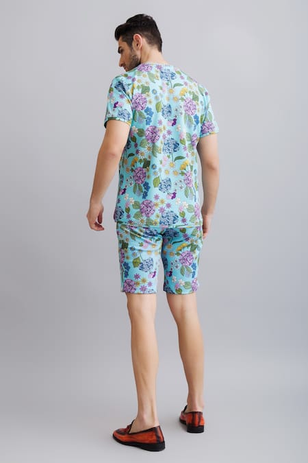 Shop_Nautanky_Blue Neoprene Floral Print T-shirt And Shorts Set _at_Aza_Fashions