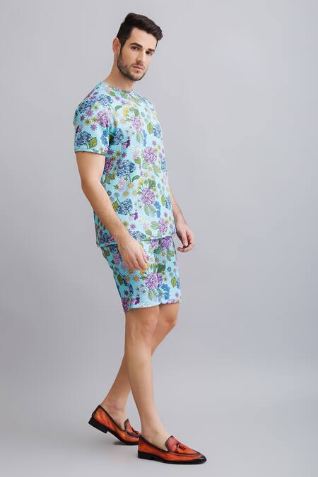 Nautanky_Blue Neoprene Floral Print T-shirt And Shorts Set _Online_at_Aza_Fashions
