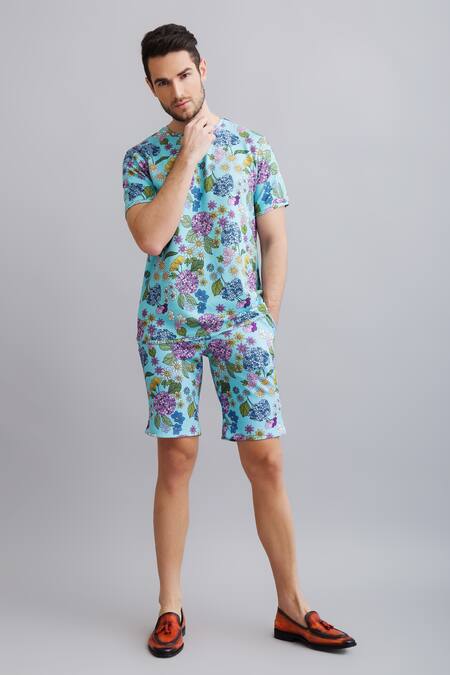 Buy_Nautanky_Blue Neoprene Floral Print T-shirt And Shorts Set _Online_at_Aza_Fashions