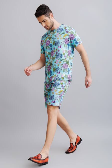 Shop_Nautanky_Blue Neoprene Floral Print T-shirt And Shorts Set _Online_at_Aza_Fashions