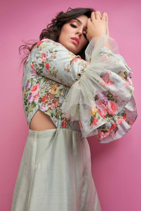 Shop_Suruchi Parakh_Green Tussar Silk Lining Shantoon Mirror Work, Bead, Bugle Floral Jumpsuit_Online_at_Aza_Fashions