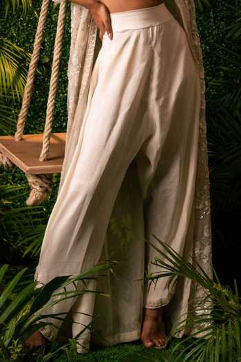 Buy_Pallavi Poddar_Ivory Satin, Lycra, Net Beads, Sequins, Cut Floral Jacket And Wide Leg Pant Set _Online_at_Aza_Fashions