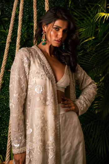 Shop_Pallavi Poddar_Ivory Satin, Lycra, Net Beads, Sequins, Cut Floral Jacket And Wide Leg Pant Set _Online_at_Aza_Fashions