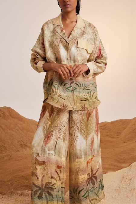 Buy_Cord_Beige Linen Embroidery Collared Botanical Print Shirt And Pant Set_Online_at_Aza_Fashions