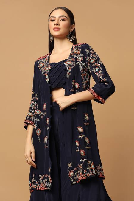 Two Sisters By Gyans_Blue Crepe Embroidery Sweetheart Neck Floral Cape And Draped Skirt Set _at_Aza_Fashions