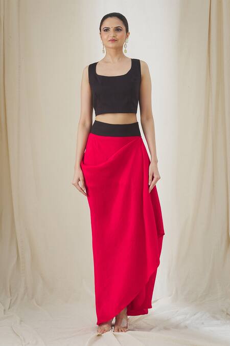 Anamika Khanna_Fuchsia Cotton Tassels Round Neck Tribal Layered Top And Skirt Set_Online_at_Aza_Fashions