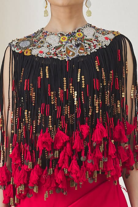 Buy_Anamika Khanna_Fuchsia Cotton Tassels Round Neck Tribal Layered Top And Skirt Set_Online_at_Aza_Fashions