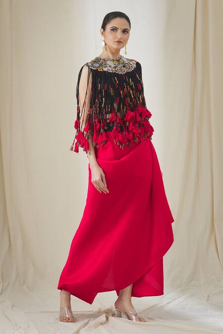 Shop_Anamika Khanna_Fuchsia Cotton Tassels Round Neck Tribal Layered Top And Skirt Set_Online_at_Aza_Fashions