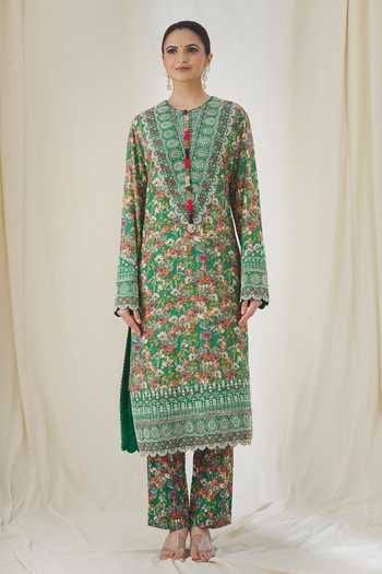 Anamika Khanna_Green Floral Pattern Kurta Pant Set_Online_at_Aza_Fashions