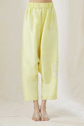 Anamika Khanna Yellow Silk Tassels, Embroidery High Neck Overlay Sheer Shirt And Pant Set at Aza Fashions Anamika Khanna_Yellow Silk Tassels, Embroidery High Neck Overlay Sheer Shirt And Pant Set _at_Aza_Fashions