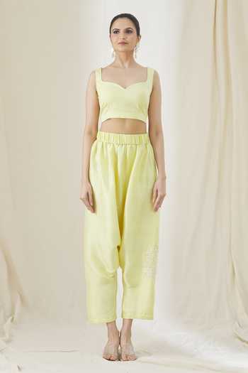 Anamika Khanna Yellow Silk Tassels, Embroidery High Neck Overlay Sheer Shirt And Pant Set Online at Aza Fashions Anamika Khanna_Yellow Silk Tassels, Embroidery High Neck Overlay Sheer Shirt And Pant Set _Online_at_Aza_Fashions