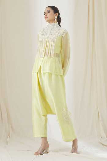 Shop Anamika Khanna Yellow Silk Tassels, Embroidery High Neck Overlay Sheer Shirt And Pant Set Online at Aza Fashions Shop_Anamika Khanna_Yellow Silk Tassels, Embroidery High Neck Overlay Sheer Shirt And Pant Set _Online_at_Aza_Fashions